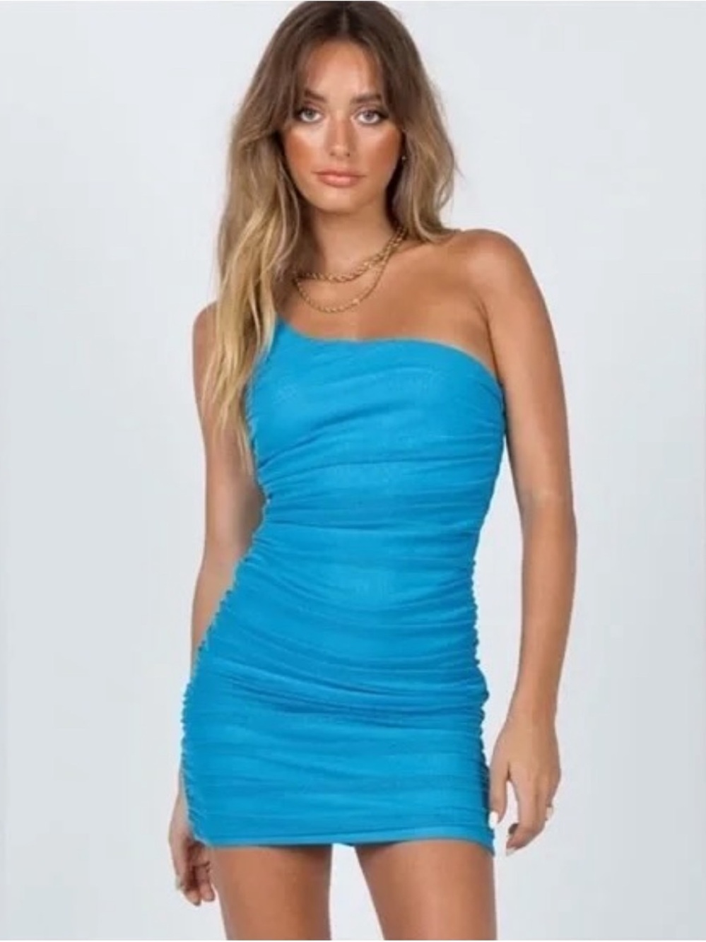 Princess Polly One-Shoulder Ruched Mini Dress in Bright Blue